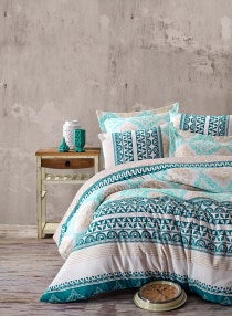 3 Piece Ranforce Quilt Duvet Cover Set Cotton Turquoise Blue Cream